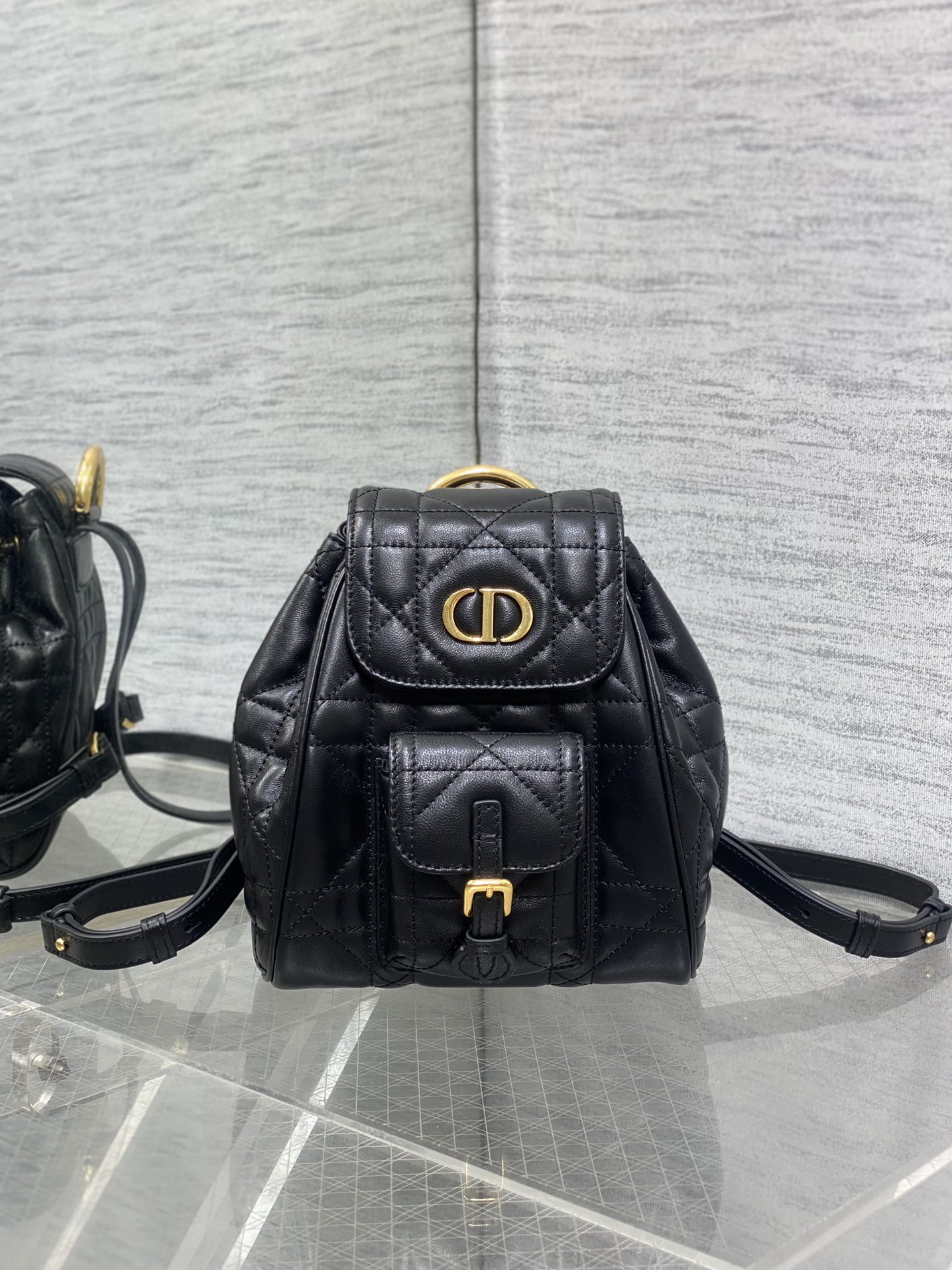 Small Dior Caro Backpack Black Macrocannage Lambskin